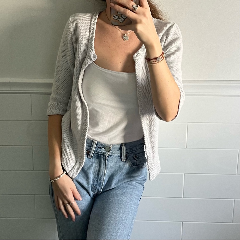 Minnie Rose Light Grey Knit Cardigan with Trim Detail and 3/4 Sleeves